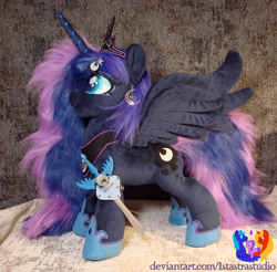 Size: 2343x2304 | Tagged: safe, artist:1stastrastudio, princess luna, pony, g4, ear piercing, earring, hairpin, irl, jewelry, luna's crown, peytral, photo, piercing, plushie, solo, sword, weapon