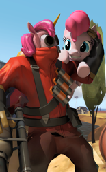 Size: 1067x1726 | Tagged: safe, artist:xafilah, pinkie pie, earth pony, human, pony, g4, /mlp/ tf2 general, 2fort, 3d, female, flamethrower, gmod, magical mercenary, mare, pyro (tf2), source filmmaker, team fortress 2, weapon