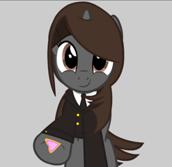 Size: 433x421 | Tagged: safe, artist:mrvector, oc, oc only, oc:sonata, pony, unicorn, elements of justice, turnabout storm, badge, clothes, cute, female, gray background, horn, looking at you, mare, simple background, smiling, smiling at you, solo, suit, vector