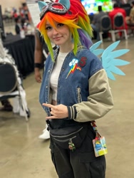 Size: 3024x4032 | Tagged: safe, artist:brinycosplay, rainbow dash, human, g4, clothes, cosplay, costume, cutie mark on clothes, irl, irl human, multicolored hair, otakon, otakon 2023, photo, rainbow hair