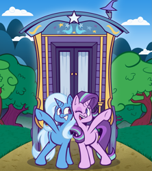 Size: 1197x1347 | Tagged: safe, artist:yellowthunder47, starlight glimmer, trixie, pony, unicorn, g4, road to friendship, duo, duo female, female, grin, horn, mare, one eye closed, open mouth, open smile, scene interpretation, smiling, trixie's wagon, wagon, we're friendship bound