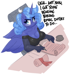 Size: 3000x3150 | Tagged: safe, artist:flutterthrash, princess luna, alicorn, anthro, plantigrade anthro, g4, 2d, breasts, busty princess luna, chair, cleavage, clothes, dialogue, female, glasses, horn, inkwell, looking at you, looking up, looking up at you, open mouth, paper, pen, s1 luna, scroll, simple background, solo, talking to viewer, white background, wings, writing