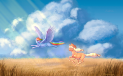 Size: 4360x2685 | Tagged: safe, artist:equeslibrium, applejack, rainbow dash, earth pony, pegasus, pony, g4, cloud, crepuscular rays, duo, duo female, female, flying, high res, large wings, looking at each other, looking at someone, looking back, mare, missing cutie mark, running, smiling, smiling at each other, wheat field, windswept mane, wings