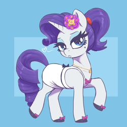 Size: 3000x3000 | Tagged: safe, artist:t72b, rarity, pony, unicorn, g4, alternate hairstyle, beauty mark, bedroom eyes, bow, clothes, dress, female, flower, flower in hair, high res, horn, jewelry, mare, necklace, shoes, simple background, solo