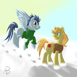 Size: 2000x2000 | Tagged: safe, artist:ruberphoenix, braeburn, soarin', earth pony, pegasus, pony, g4, clothes, duo, duo male, flying, hoofprints, male, snow, spread wings, stallion, sweater, wings