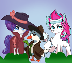 Size: 1970x1740 | Tagged: safe, artist:flutterbug18, rarity, zipp storm, bird, duck, pegasus, unicorn, g4, g5, clothes, detective, detective rarity, detective zipp, duo, duo female, fedora, female, g5 to g4, generation leap, hat, horn, magnifying glass, trenchcoat