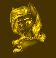 Size: 2215x2315 | Tagged: safe, artist:darklight1315, oc, oc only, oc:q-be, earth pony, pony, fallout equestria, brown background, chest fluff, ear fluff, fallout equestria: mayday, jewelry, necklace, pearl necklace, simple background, solo