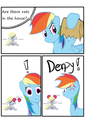 Size: 2480x3508 | Tagged: safe, derpy hooves, rainbow dash, mouse, pegasus, pony, g4, 3 panel comic, angry, comic, cross-popping veins, duo, duo female, eating, emanata, exclamation point, female, folded wings, looking at you, mare, mouse ears, simple background, white background, wings