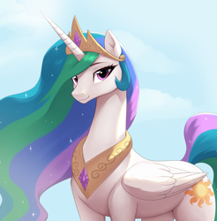 Size: 2679x2728 | Tagged: safe, artist:sierraex, princess celestia, alicorn, pony, g4, cloud, crown, eyebrows, female, folded wings, high res, horn, jewelry, looking at you, mare, peytral, regalia, sky, smiling, smiling at you, solo, tall, wings