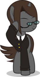 Size: 3042x5745 | Tagged: safe, artist:mrvector, oc, oc only, oc:sonata, pony, unicorn, elements of justice, turnabout storm, absurd resolution, clothes, female, glasses, horn, mare, simple background, smiling, solo, suit, transparent background, unicorn oc, vector