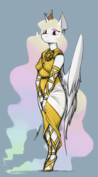Size: 1360x2468 | Tagged: safe, artist:sinrar, princess celestia, alicorn, anthro, unguligrade anthro, g4, alternate hair color, arm wraps, clothes, dress, ethereal mane, ethereal tail, female, gray background, jewelry, leg wraps, mare, simple background, solo, tail, tiara