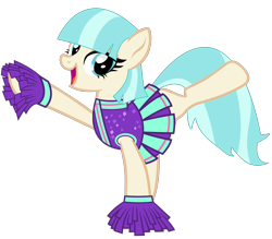 Size: 3345x2925 | Tagged: safe, artist:twilyisbestpone, coco pommel, earth pony, pony, g4, base used, cheerleader, cheerleader outfit, clothes, cocobetes, cute, eyeshadow, female, high res, makeup, mare, open mouth, open smile, pleated skirt, pretty, raised hoof, simple background, skirt, smiling, solo, transparent background