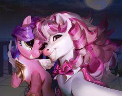 Size: 2048x1616 | Tagged: safe, artist:vondsketch, pipp petals, horse, pegasus, pony, g5, best friends, bowtie, candi (wild manes), cellphone, crossover, duo, duo female, female, grin, hoof hold, looking at you, mare, one eye closed, outdoors, phone, pipp's phone, selfie, smartphone, smiling, spread wings, taking a photo, unshorn fetlocks, wild manes, wings, wink, winking at you