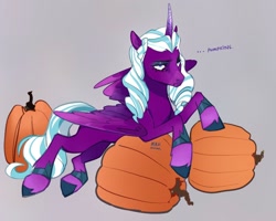 Size: 1776x1422 | Tagged: safe, artist:peachmichea, opaline arcana, alicorn, pony, g5, bracer, dialogue, female, frown, gray background, horn, lidded eyes, mare, opaline arcana is not amused, pumpkin, signature, simple background, solo, tail, unamused, wings