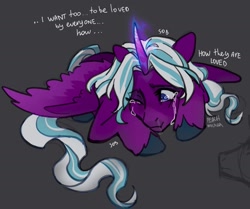 Size: 1767x1480 | Tagged: safe, artist:peachmichea, opaline arcana, alicorn, pony, g5, crying, dialogue, filly, filly opaline arcana, horn, jealous, lying down, one eye closed, prone, sad, signature, sobbing, solo, spread wings, tail, unshorn fetlocks, wings, younger