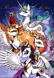 Size: 1856x2674 | Tagged: safe, artist:叶荫, idw, daybreaker, nightmare star, philomena, princess celestia, alicorn, phoenix, pony, g4, reflections, spoiler:comic, concave belly, empress celestia, evil celestia, evil counterpart, female, mane of fire, mare, mirror universe, slender, thin