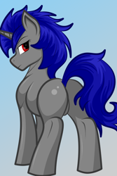 Size: 1000x1500 | Tagged: safe, ai assisted, ai content, artist:rugalack moonstar, oc, oc only, oc:enigan, pony, unicorn, butt, featureless crotch, gradient background, horn, male, plot, red eyes, solo, stallion