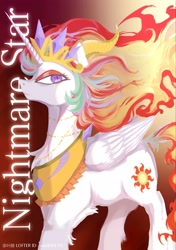 Size: 1856x2636 | Tagged: safe, artist:叶荫, nightmare star, alicorn, g4, crown, jewelry, mane of fire, peytral, regalia, solo, text