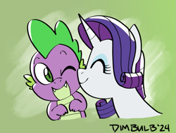 Size: 989x751 | Tagged: safe, artist:dimbulb, rarity, spike, dragon, pony, unicorn, g4, cheek kiss, cute, duo, duo male and female, eyes closed, female, horn, kissing, male, platonic kiss, smiling, spikabetes, spikelove, wingless spike