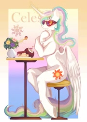 Size: 1856x2572 | Tagged: safe, artist:cao9591791, artist:叶荫, princess celestia, alicorn, semi-anthro, g4, anatomically incorrect, cake, cake slice, chest fluff, coconut, female, flower, food, glasses, hoof heart, incorrect leg anatomy, mare, rose, sitlestia, sitting, solo, sunglasses, underhoof