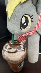 Size: 900x1600 | Tagged: safe, artist:sundzy, derpy hooves, pony, g4, clothes, irl, photo, plushie, scarf, solo, starbucks, striped scarf