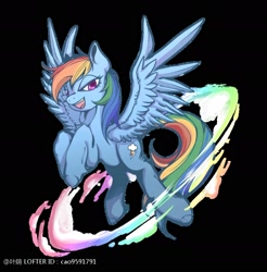 Size: 1858x1888 | Tagged: safe, artist:叶荫, rainbow dash, pegasus, pony, g4, black background, flying, simple background, smiling, solo, sonic rainboom