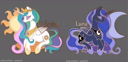 Size: 3724x1800 | Tagged: safe, artist:叶荫, princess celestia, princess luna, alicorn, g4, duo, duo female, eyes closed, female, moon, royal sisters, siblings, sisters, sun