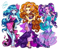 Size: 2048x1737 | Tagged: safe, artist:libbly_libby, adagio dazzle, aria blaze, sonata dusk, human, hybrid, siren, starfish, equestria girls, g4, alternate hairstyle, arm fins, bra, breasts, cleavage, clothes, commission, conch shell, coral, cyan eyeshadow, disguise, disguised siren, dress, ear fins, ear piercing, earring, eyeshadow, fangs, female, fin ears, fins, gem, hair beads, hair jewelry, high heels, jewelry, leg fins, looking at you, loose hair, makeup, mermaid dress, monster high, nail polish, necklace, pearl, pearl necklace, piercing, pigtails, pink eyeshadow, platform heels, pose, ruffles, scales, seashell, seashell bra, shoes, simple background, siren gem, smiling, smiling at you, standing, the dazzlings, trio, trio female, webbed fingers, white background