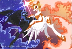 Size: 1890x1288 | Tagged: safe, artist:叶荫, daybreaker, nightmare moon, alicorn, pony, g4, crossed horns, duel, duo, duo female, female, fight, horn, horns are touching, looking at each other, looking at someone, mane of fire, mare