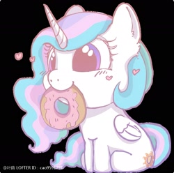 Size: 1880x1862 | Tagged: safe, artist:叶荫, princess celestia, alicorn, pony, g4, black background, cewestia, cute, cutelestia, donut, female, filly, filly celestia, food, heart, simple background, solo, weapons-grade cute, younger