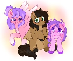 Size: 1200x1000 | Tagged: safe, artist:sekuponi, oc, oc only, oc:blush rush, oc:pop crush, oc:rise'n whiskey, pegasus, pony, belly fluff, black hooves, blushing, braid, braided ponytail, brown coat, brown mane, brown tail, cheek fluff, chest fluff, colored belly, colored eyelashes, colored hooves, colored pinnae, colored pupils, colored wings, colored wingtips, ear blush, ear fluff, earth pony oc, featureless crotch, female, fluffy, frowning at you, gradient ears, gradient legs, green eyelashes, green eyes, green pupils, heart, heart eyes, hock fluff, hooves, leg fluff, leg markings, leg stripes, licking, licking lips, lidded eyes, looking at something, looking at you, male, mare, nervous, pale belly, pegasus oc, pink coat, ponerpics import, ponytail, purple eyelashes, purple hooves, purple mane, purple pupils, raised hoof, raised hooves, shoulder fluff, sitting, spread wings, stallion, standing, stripes, sweat, tail, tied mane, tongue out, trio, two toned mane, two toned wings, unshorn fetlocks, wall of tags, watermark, white belly, white wingtips, wing fluff, wingding eyes, wings