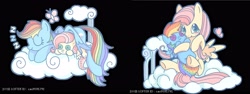 Size: 4000x1496 | Tagged: safe, artist:叶荫, fluttershy, rainbow dash, pegasus, g4, black background, cloud, cute, dashabetes, doll, duo, duo female, female, fluttershy plushie, on a cloud, plushie, rainbow dash plushie, shyabetes, simple background, sitting, sitting on a cloud, sleeping, toy