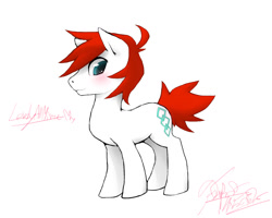 Size: 1280x1024 | Tagged: safe, artist:oloxbangxolo, artist:zerpreros, oc, oc only, earth pony, pony, blushing, earth pony oc, looking down, red mane, red tail, signature, simple background, smiling, solo, spiky tail, standing, tail, teal eyes, white background, white coat