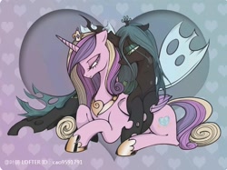 Size: 1876x1400 | Tagged: safe, artist:叶荫, princess cadance, queen chrysalis, alicorn, changeling, changeling queen, g4, duo, duo female, eyeshadow, female, folded wings, gradient background, heart, heart background, hoof shoes, infidelity, jewelry, lesbian, lidded eyes, looking at each other, looking at someone, makeup, male, mare, peytral, ship:cadalis, shipping, tiara, wings