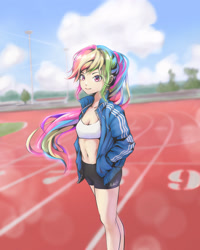 Size: 2000x2500 | Tagged: safe, artist:nattag, artist:nattapong yotkhruea, artist:nattapongyotkhruea, rainbow dash, human, g4, belly, belly button, breasts, cleavage, clothes, cloud, female, fit, humanized, jacket, looking at you, midriff, outdoors, race track, shorts, sky, slender, solo, sports shorts, thin