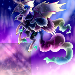 Size: 5800x5800 | Tagged: safe, artist:florarena-kitasatina/dragonborne fox, princess cadance, princess celestia, princess luna, alicorn, pony, seraph, seraphicorn, g4, absurd file size, absurd resolution, aurora, bat wings, cloud, cloven hooves, colored wings, ethereal mane, flying, fusion, heart, horn, hybrid wings, moon, multicolored hair, multicolored wings, multiple horns, multiple wings, night, night sky, plushie, signature, sky, spread wings, starry mane, starry wings, sun, this isn't even my final form, unshorn fetlocks, watermark, wings