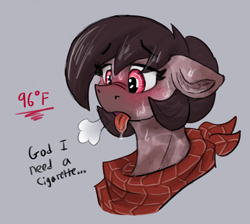 Size: 878x786 | Tagged: safe, artist:reddthebat, oc, oc only, oc:number nine, earth pony, pony, bandana, blushing, bust, dialogue, eyebrows, eyebrows visible through hair, floppy ears, gray background, hot, simple background, solo, sweat, tongue out