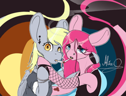 Size: 1267x969 | Tagged: safe, artist:aliceg, derpy hooves, pinkie pie, earth pony, pegasus, pony, semi-anthro, g4, cigarette, cigarette kiss, clothes, duo, duo female, female, fishnet clothing, human shoulders, lipstick, mare, piercing, pinkamena diane pie, smoking, tattoo