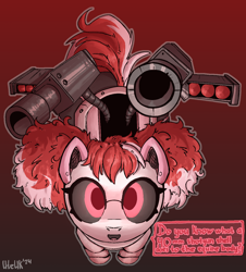 Size: 1130x1252 | Tagged: safe, artist:uteuk, oc, oc only, oc:cherry pi, pony, robot, robot pony, commission, female, filly, foal, gradient background, gun, looking at you, not sweetie bot, solo, speech bubble, weapon