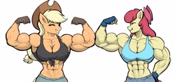 Size: 4096x1931 | Tagged: safe, artist:matchstickman, apple bloom, applejack, earth pony, anthro, matchstickman's apple brawn series, g4, abs, apple bloom's bow, apple brawn, apple sisters, applejack's hat, applejacked, bicep flex, biceps, bow, breasts, busty apple bloom, busty applejack, clothes, cowboy hat, deltoids, duo, duo female, eyes closed, female, fingerless gloves, flexing, front knot midriff, gloves, grin, hair bow, hat, mare, midriff, muscles, muscular female, older, older apple bloom, one eye closed, pecs, shirt, siblings, simple background, sisters, smiling, triceps, white background