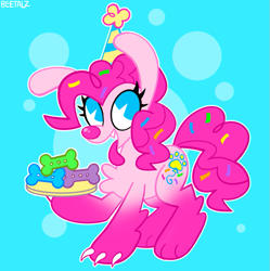 Size: 827x831 | Tagged: safe, artist:beetalz, pinkie pie, dog, g4, blue background, dog treat, dogified, hat, open mouth, open smile, party hat, puppy pie, simple background, smiling, solo, species swap, tongue out