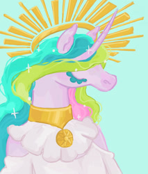 Size: 1028x1208 | Tagged: safe, artist:saskaw, princess celestia, alicorn, pony, g4, bust, clothes, collar, dress, eyes closed, female, halo, light blue background, mare, simple background, snoot, solo