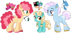 Size: 5140x2396 | Tagged: safe, artist:strawberry-spritz, oc, oc only, oc:pirouette, oc:raspberry taffy, oc:scrap, pegasus, pony, unicorn, bandage, bandaged leg, bandaid, blonde mane, blonde tail, blue coat, blue wingtips, body scar, braid, braided pigtails, brown hooves, colored hooves, colored pinnae, colored wings, colored wingtips, curly mane, curly tail, ear fluff, ear piercing, earring, female, fetlock tuft, filly, foal, folded wings, freckles, green eyes, hooves, horn, jewelry, leg scar, lidded eyes, long mane, long tail, looking at someone, mare, mismatched hooves, multicolored hooves, multicolored wings, nose scar, oc redesign, piercing, pigtails, pink eyes, pink hooves, reference sheet, scar, short mane, short tail, simple background, smiling, smiling at someone, tail, teal coat, teal eyes, three toned wings, tied mane, transparent background, two toned eyes, two toned mane, two toned tail, two toned wings, two toned wingtips, wings, yellow coat, yellow eyes