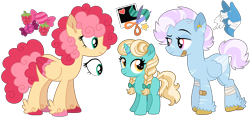 Size: 5140x2396 | Tagged: safe, artist:strawberry-spritz, oc, oc only, oc:pirouette, oc:raspberry taffy, oc:scrap, pegasus, pony, unicorn, g4, bandage, bandaged leg, bandaid, blonde mane, blonde tail, blue coat, blue wingtips, body scar, braid, braided pigtails, brown hooves, colored hooves, colored pinnae, colored wings, colored wingtips, curly mane, curly tail, ear fluff, ear piercing, earring, female, fetlock tuft, filly, foal, folded wings, freckles, green eyes, hooves, horn, jewelry, leg scar, lidded eyes, long mane, long tail, looking at someone, mare, mismatched hooves, multicolored hooves, multicolored wings, nose scar, oc redesign, piercing, pigtails, pink eyes, pink hooves, reference sheet, scar, short mane, short tail, simple background, smiling, smiling at someone, tail, teal coat, teal eyes, three toned wings, tied mane, transparent background, two toned eyes, two toned mane, two toned tail, two toned wings, two toned wingtips, wings, yellow coat, yellow eyes