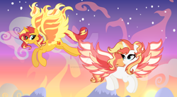 Size: 1280x707 | Tagged: safe, artist:velveagicsentryyt, sunset shimmer, oc, oc:shine brine, alicorn, pony, g4, alicornified, backwards cutie mark, colored wings, duo, duo female, female, fiery wings, flying, mother and child, mother and daughter, offspring, parent:fire streak, parent:sunset shimmer, parents:sunsetstreak, race swap, shimmercorn, spread wings, two toned wings, wings