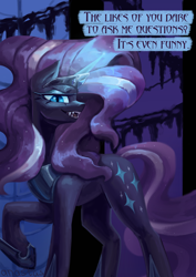 Size: 2480x3508 | Tagged: safe, alternate version, artist:anastas, part of a set, nightmare rarity, pony, unicorn, series:ask nightmare rarity, g4, ask, comic, cover art, english, ethereal mane, eyeshadow, fangs, female, horn, jewelry, looking at you, magic, magic aura, makeup, mare, mlp art ask (ru), nightmarified, open mouth, regalia, slit pupils, solo, speech bubble, starry mane, sternocleidomastoid, text, translation