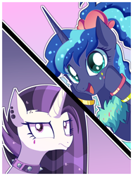 Size: 3100x4100 | Tagged: safe, artist:xinjinjumin800506872725, princess celestia, princess luna, alicorn, pony, g4, 80s princess luna, bust, collar, duo, duo female, ear piercing, earring, female, frown, goth, gradient background, jewelry, mare, open mouth, open smile, piercing, punklestia, royal sisters, siblings, sisters, smiling, spiked collar