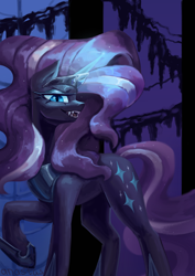 Size: 2480x3508 | Tagged: safe, alternate version, artist:anastas, part of a set, nightmare rarity, pony, unicorn, series:ask nightmare rarity, g4, ask, comic, cover art, cyrillic, ethereal mane, eyeshadow, fangs, female, horn, jewelry, looking at you, magic, magic aura, makeup, mare, mlp art ask (ru), nightmarified, open mouth, regalia, slit pupils, solo, speech bubble, starry mane, sternocleidomastoid