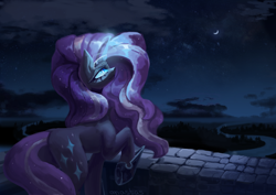 Size: 3508x2480 | Tagged: safe, alternate version, artist:anastas, part of a set, nightmare rarity, pony, unicorn, series:ask nightmare rarity, g4, comic, crescent moon, detailed background, ethereal mane, eyeshadow, fangs, female, hoof shoes, horn, jewelry, magic, magic aura, makeup, mare, moon, nightmarified, princess shoes, regalia, slit pupils, solo, starry mane, textless, textless version