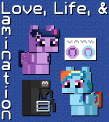 Size: 1240x1390 | Tagged: safe, artist:silk-rose, rainbow dash, twilight sparkle, alicorn, pegasus, pony, fanfic:love life and lamination, g4, coffee machine, cover, cover art, digital art, drop shadow, fanfic, fanfic art, fanfic cover, love and tolerance resource pack, marriage certificate, minecraft, pixel art, text, tiled background, twilight sparkle (alicorn)